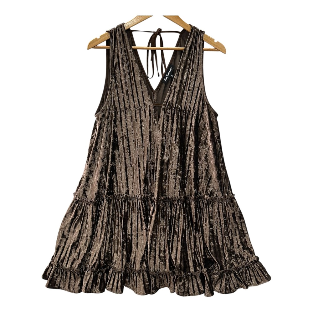 En Saison Brown Crushed Velvet Tiered Mini Dress V-Neck Sleeveless Flowy